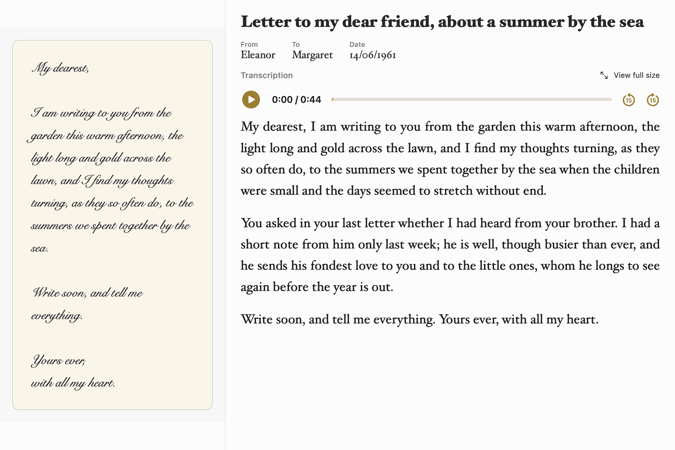 Side-by-side letter photo and transcription
