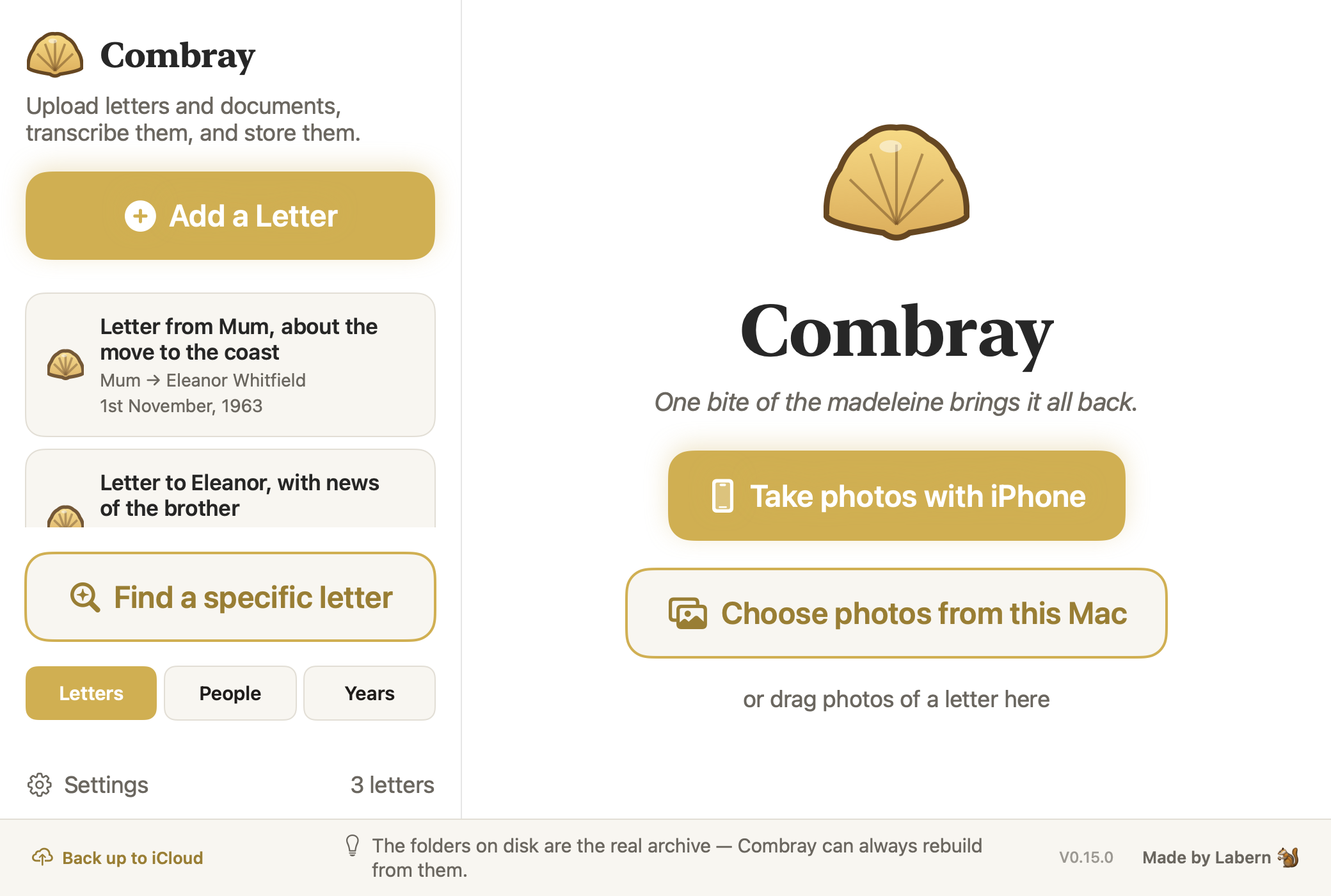 The Combray sidebar: Add a letter, People, Years, Search